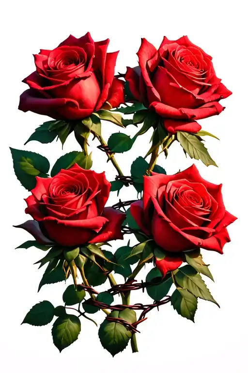 6 Roses Blooming With Barbed Wire Wrapped Around