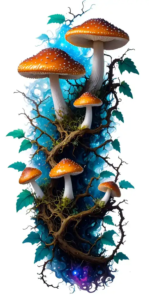 Nebula Background With Vines Entwined That Have A Few Small Mushrooms Growing From Them