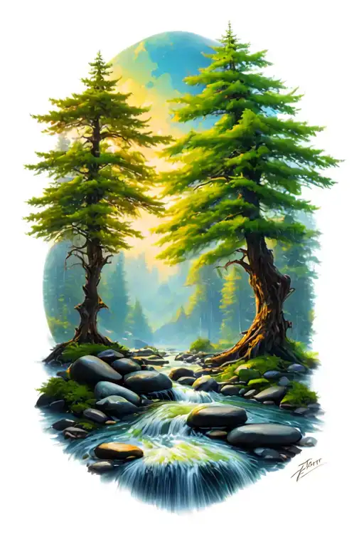 Farn Trees Stones Stream