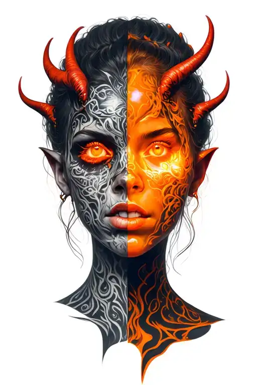 Girl Demon Half In The Third -Rated Half Shines With Orange Shades In The Style Of Biomers
