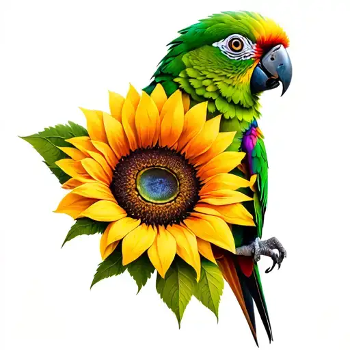 Green Cheek Conure And Sunflower Intertwined