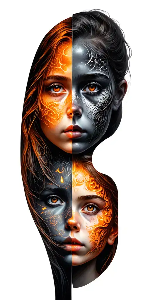Faces Of Girls Shared In Half Half Are Lit By Orange Shades One Of Them Demon Another Angel