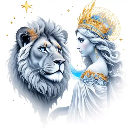 Virgo Goddess Facing Lion With Stars