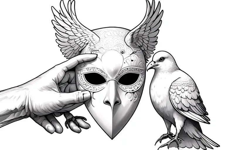 Draw A Vulchar Holiding A Doves Mask Over Its Face With Its Hand