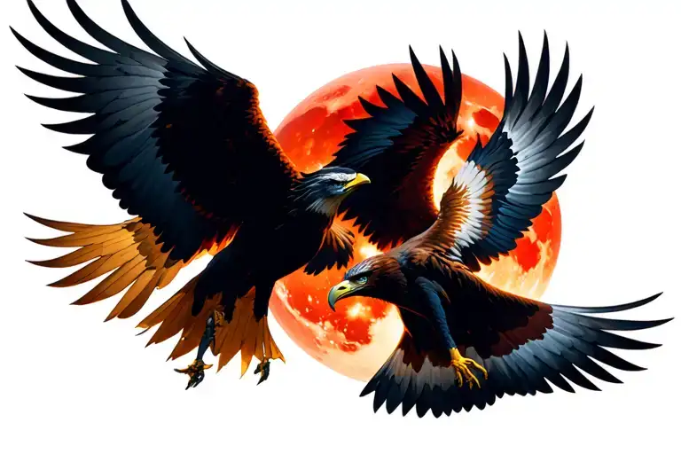 Phoenix And Eagle Colliding In Flight In The Night Sky Over A Blood Red Moon