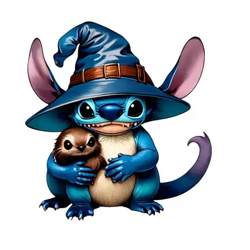 Stitch Wearing Sorting Hat While Holding An Otter