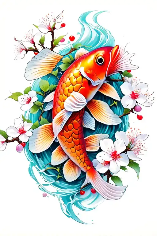 Coy Fish With Cherry Blossoms And Their Vines Wrapped Around