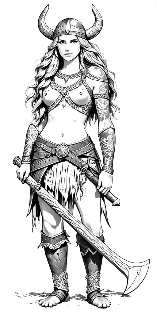Detailed Viking Warrior Girl Coloring Page With Axe And