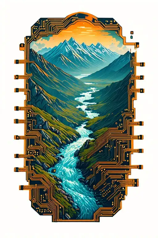 Microchip Circuit With Mountains Stream Flowing