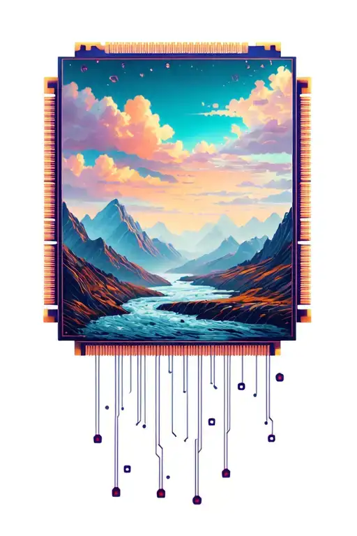 Microchip Circuit With Mountains Stream Flowing