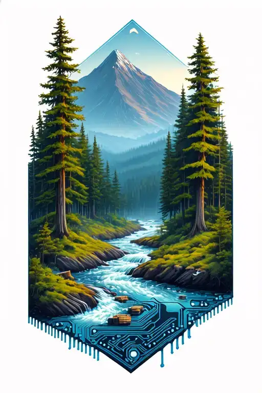Microchip Circuit In Forest With River Flowing And Mountain In Background