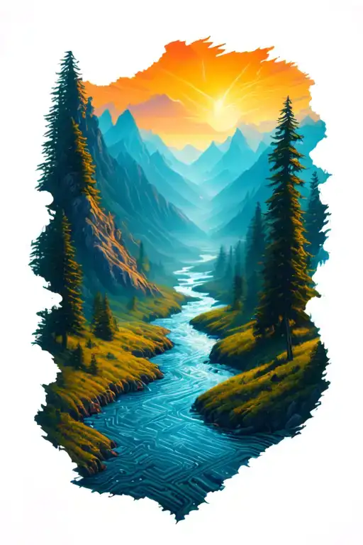 Microchip Circuit River Merged Into Mountains