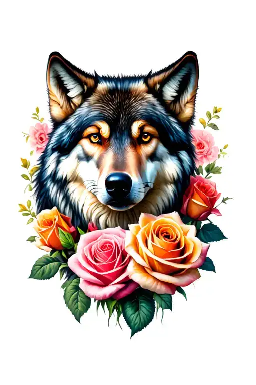 Wolf Blended By Roses Blooming