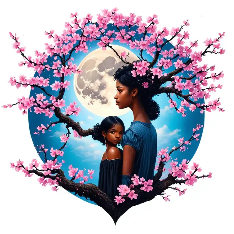 Half Full Back Cherry Blossom Tree With The Moon & A Black Girl