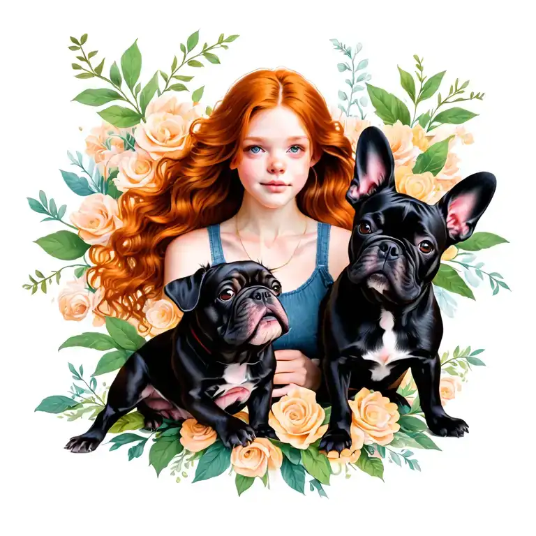 A Redhaired Young Woman Standing Next To A Little Black French Bulldog