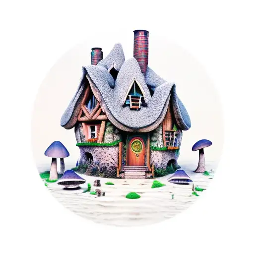 Gnome House From Dead Tree With Mushrooms