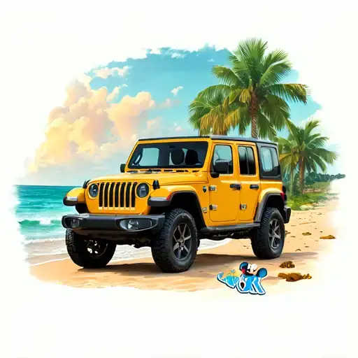 A 4 Door Jeep On The Beach With The Ocean In The Back Ground With Palm Trees And Mickey Mouse