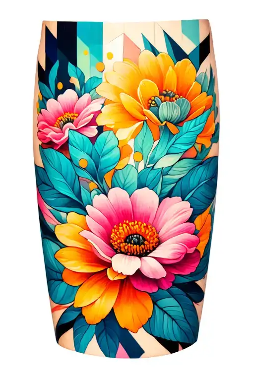 Flowers At The Bottom That Morphs Into Geometric Patterns As It Travels Up The Thigh