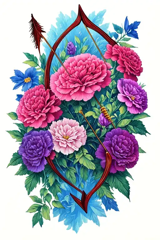 Bow And Arrow Surrounded By Carnations Flowers Intertwined