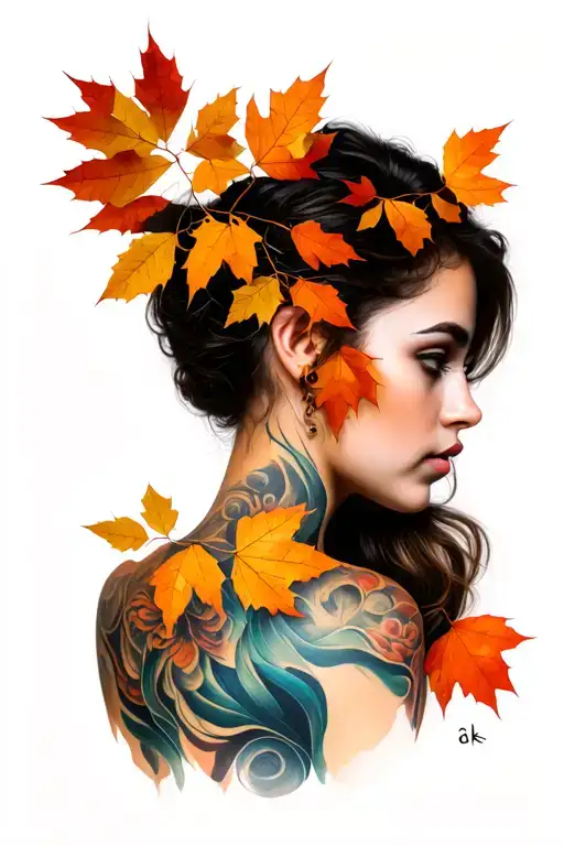 Twigs Of Autumn Leaves On The Shoulder And Collarbone