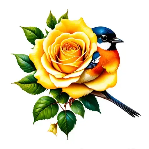 Yellow Rose And A Robin Bird