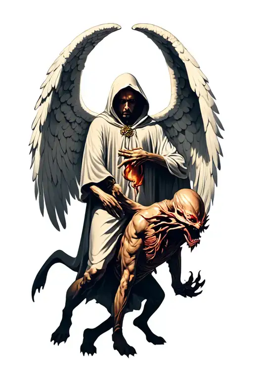 Hooded Arch Angel Defeating A Demon