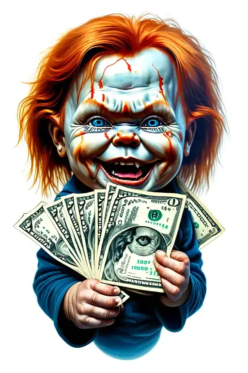 Chucky Holding Dollar Bills Coming Out Its Mouth