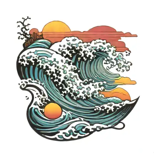 Waves And Sunset Scene