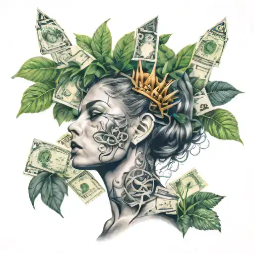 Women With Crown On Her Head Surrounded By Money Tree Growing