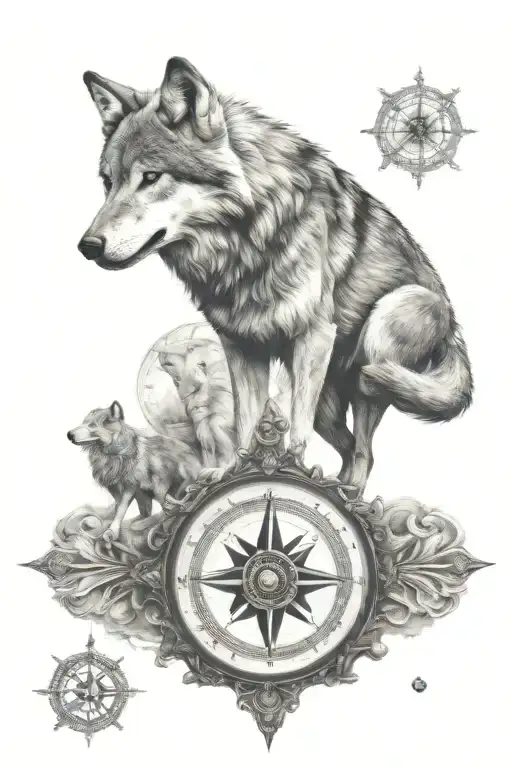 Wolf Standing On The Faces Of A Compass