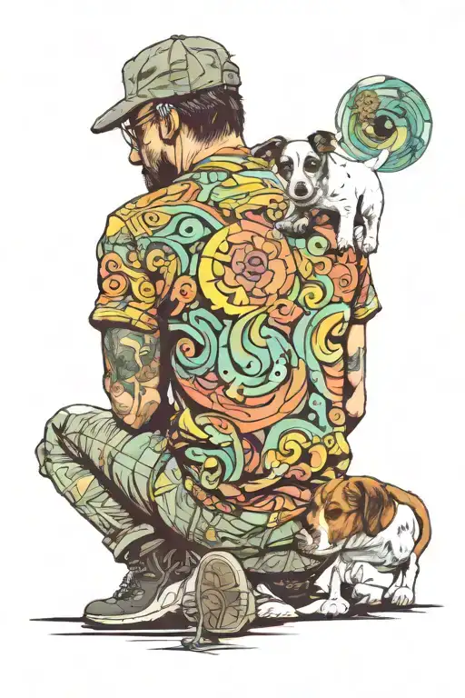 Trippy Scenery Of A Brindle Jack Russel Puppy And A Man Staring Into Space