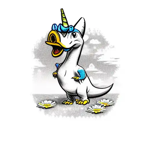 Dinosaur With A Unicorn Horn And Daisy Duck Face