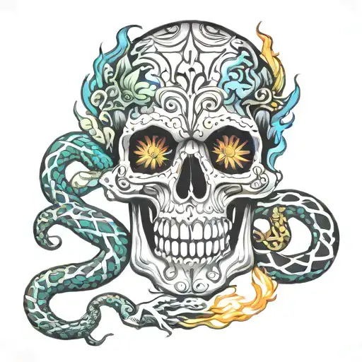 Mexican Skull And Snake And Fire