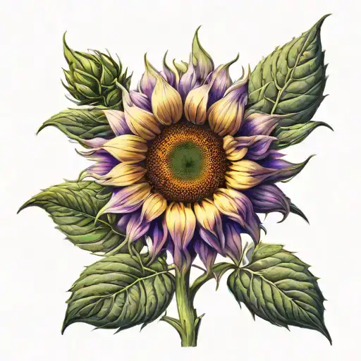 Two Sunflowers With A Purple Sun Shining On Them From Above