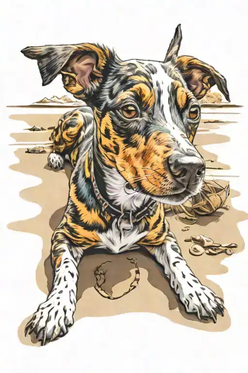 Trippy Tropical Scenery Of A Brindle Jack Russel Puppy Laying On The Beach