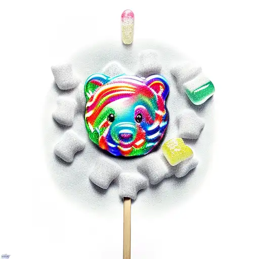 Gummy Bear Covered In Sugar Sitting Down With A Giant Lollipop