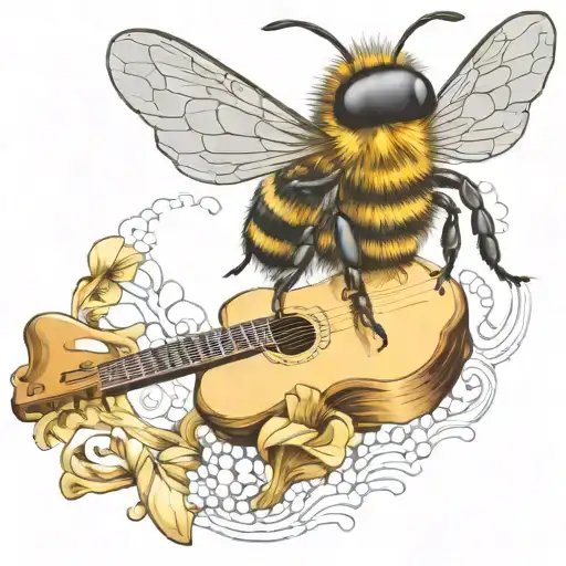 Bee With Mushroom Crown Flying On Scateboard With A Guitar