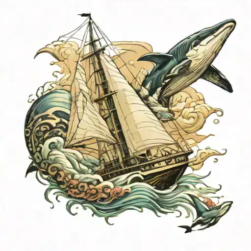 Sailing Yacht With Waves Whales Dolphins Lighthouse Turtles Sharks