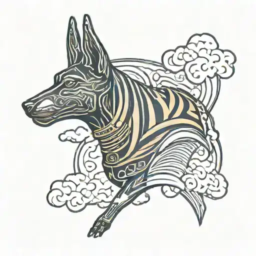 Anubis With Dark Background With Clouds And Wind Lines