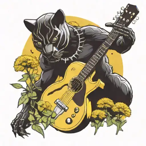 Surrounded By Dandelions There Is A Black Panther Playing A Guitar With A Football Helmet