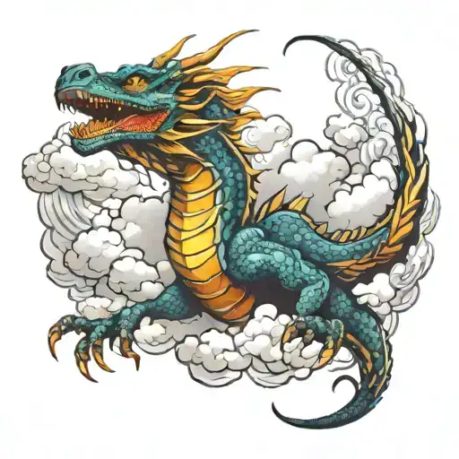 Dragon Flying In Clouds Breathing Fire