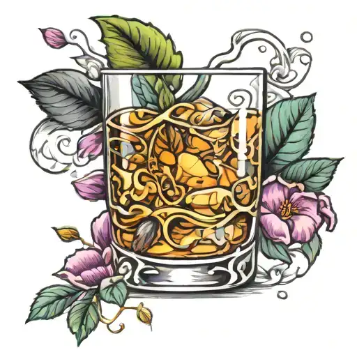A Traditional Style Tattoo Of A Whisky Glass Filled With Tania Rose Petals And Leaves