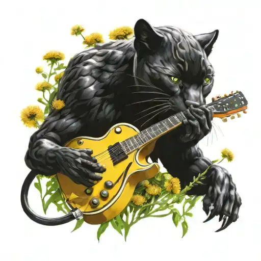 Surrounded By Dandelions There Is A Black Panther Animal Playing A Guitar With A Football Helmet