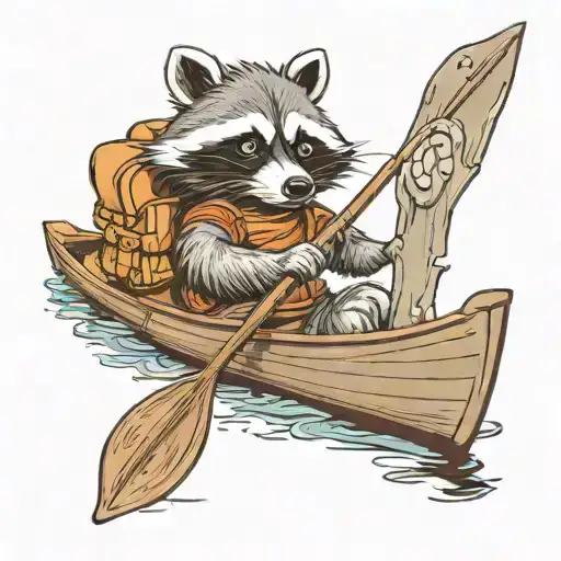 Cartoon Raccoon In A Canoe Wearing A Backpack