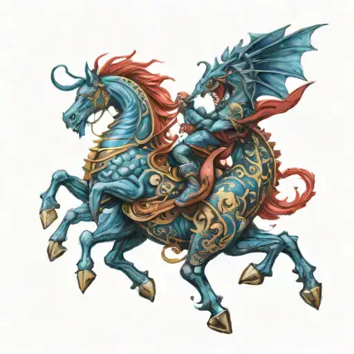 Blue Dragon Fighting A Scarlet Knight On A Scarlet Horse