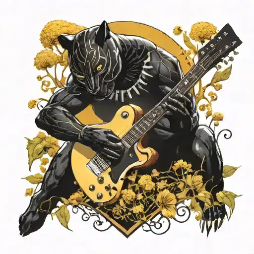 Surrounded By Dandelions There Is A Black Panther Playing A Guitar With A Football Helmet