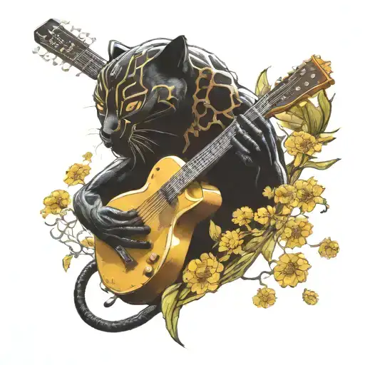 Surrounded By Dandelions There Is A Black Panther Animal Playing A Guitar With A Football Helmet