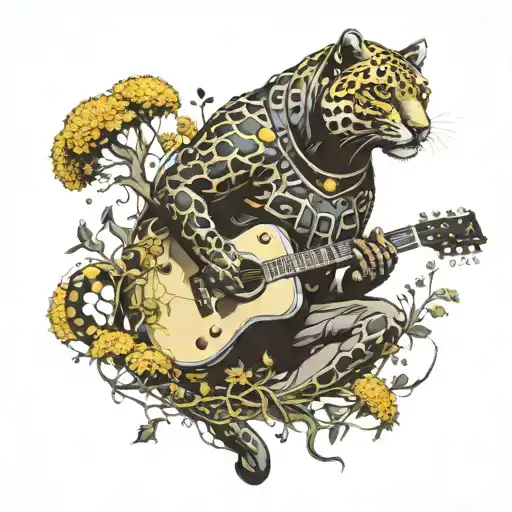 Surrounded By Dandelions There Is A Panther Playing A Guitar With A Football Helmet