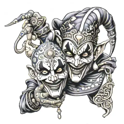 The Jester Holds An Asian Horror Mask In His Hands