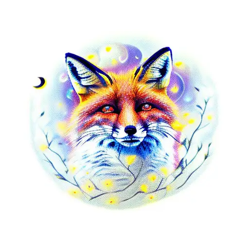 Fox With Fireflies Woodland Flowers And Moon